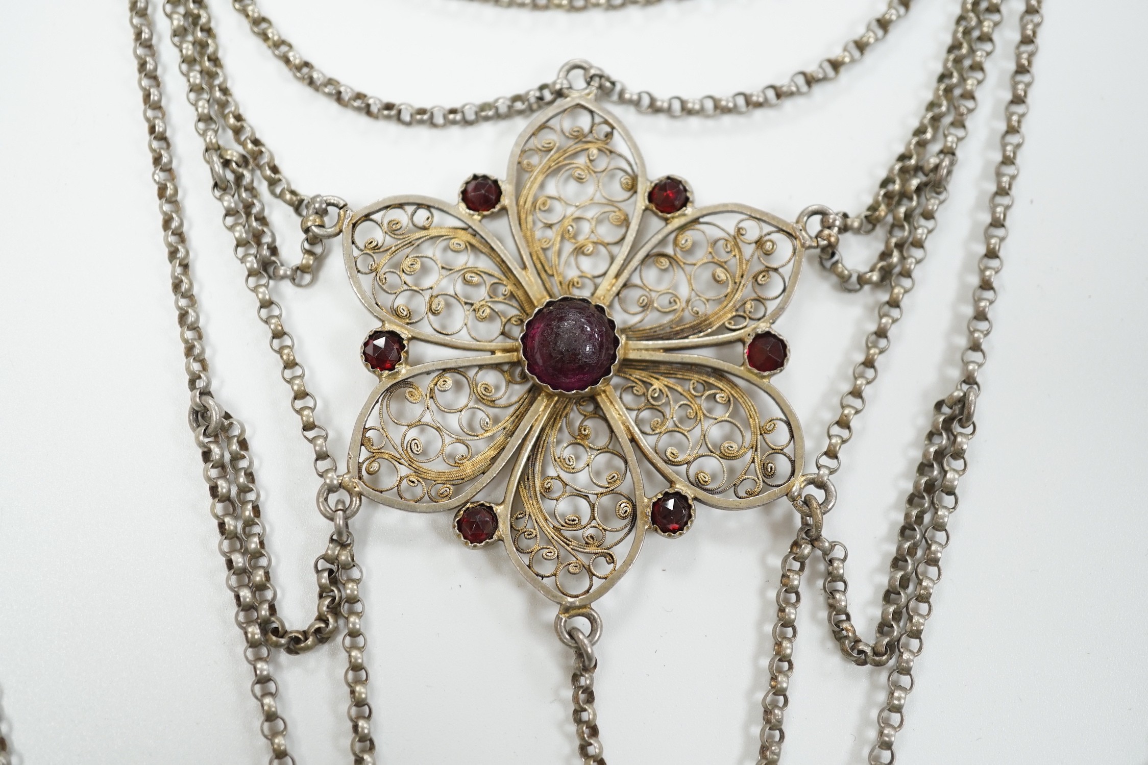 A 19th century Austro-Hungarian? white metal and semi-precious gem set multi chain necklace, 62cm.